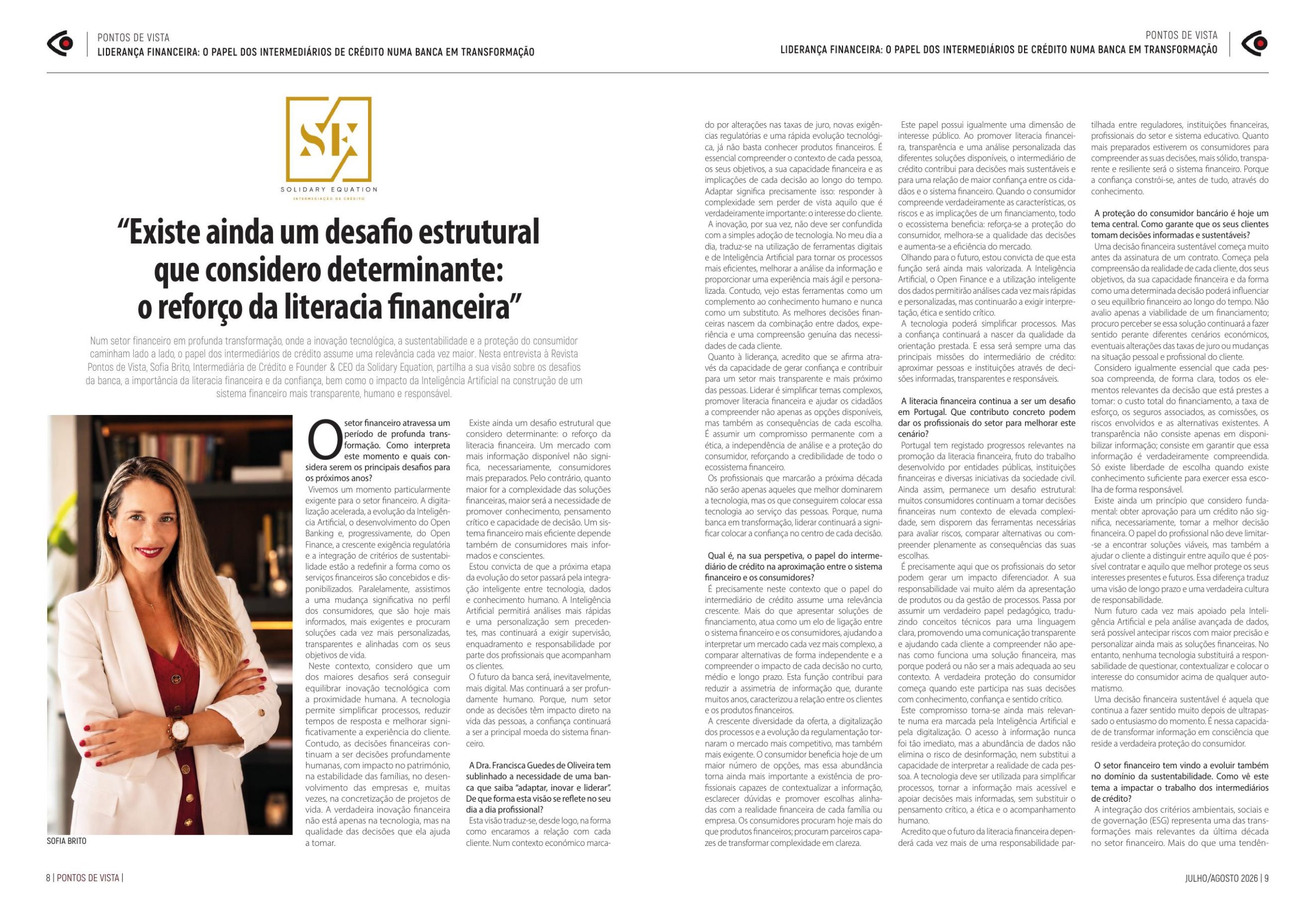 Dupla página da entrevista de Sofia Brito na Revista Pontos de Vista, edição julho e agosto de 2026